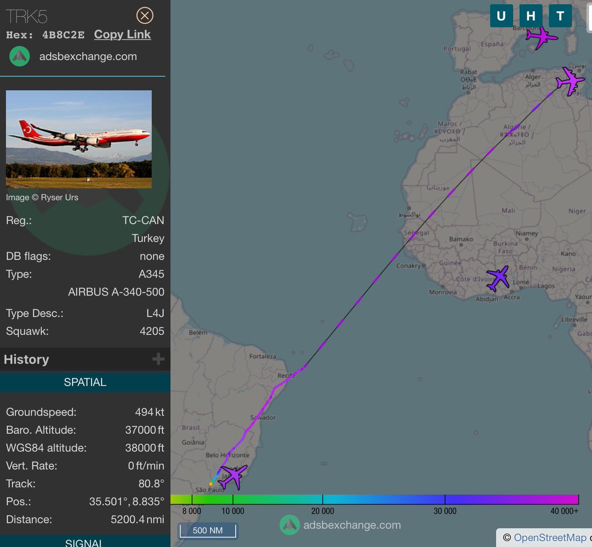 drfernandoandre's tweet photo. Unusual Airbus A340-500 TC-CAN departed São Paulo, registered to the government of Turkey, blocked in @flightradar24, but visible in the departures posted for Guarulhos airport in the morning https://t.co/ci5HsSbGEG