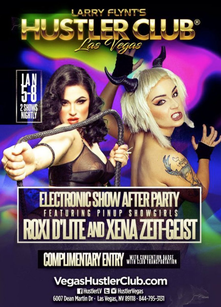 Stripclubexperi's tweet photo. This Thursday to Sunday (5th - 8th Jan), see the mesmerizing #RoxiDLite & @XenaZeitgeist, performing 2 shows each night at @hustlervegas. It's part of the #ElectronicShowAfterParties.
#FeatureEntertainer appearances at USA #StripClubs are on our website: https://t.co/gNYKQ6k61N https://t.co/p6CmxWZPcF