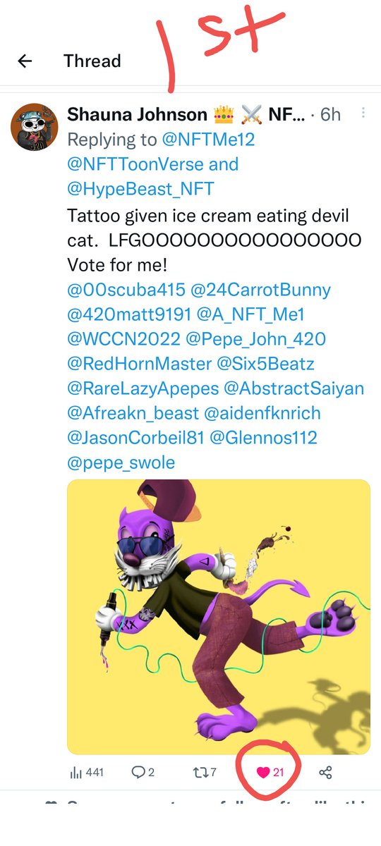 NFTMe12's tweet photo. I have concluded the @NFTToonVerse NFT Giveaway Winner of the #DevilCatzNFT
And a sick Graffiti Beast from
@HypeBeast_NFT
With 21 likes is @dillybirdy Shauna Johnson. Congratulations🏆 Pick a your Graffiti Beast and DM me your eth Addy .
2nd Place with 10 Likes is  @unplugged_NZ https://t.co/RdMeJMd5vy