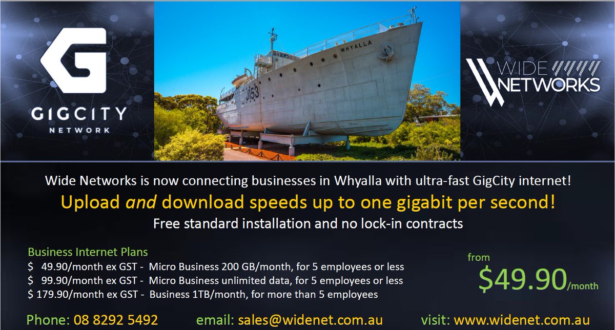 Connecting businesses Ultra-Fast GigCity Internet in Whyalla !
#widenetworks 
#gigcityconnection 
#southaustralia #eyrepeninsula #whyalla 
#internet #freestandardinstallation No lock in contracts!
Email us :- sales@widnet.com.au