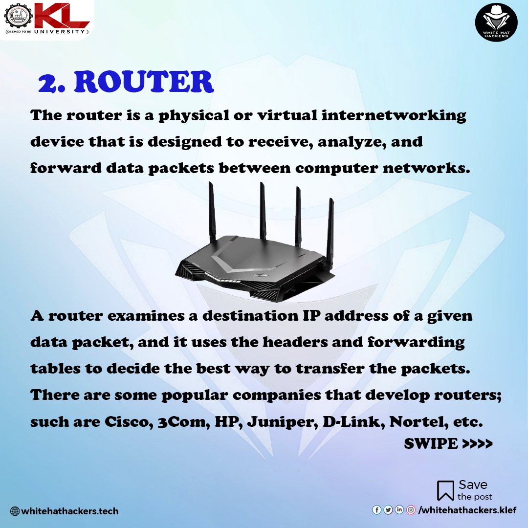 whitehat_klef's tweet photo. Hey technophiles💫💫
Here we go with some of networking devices that one must and should have an idea☺️☺️
Hope you all find it interesting✨✨
.
.
.
#cybersecurity #ethicalhacking #cyber #hackers #cyberattack #ethicalhacker #ethicalhackersclub #whitehatklef #kluniversity #klu https://t.co/BQA72Zeqbj