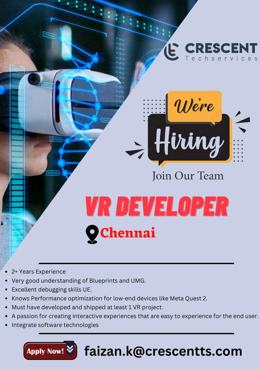 Crescent_Tech_'s tweet image. We&apos;re Hiring For VR Developer
📌Chennai
2+ Years Experience
Apply Now
👇
@ faizan.k@crescentts.com