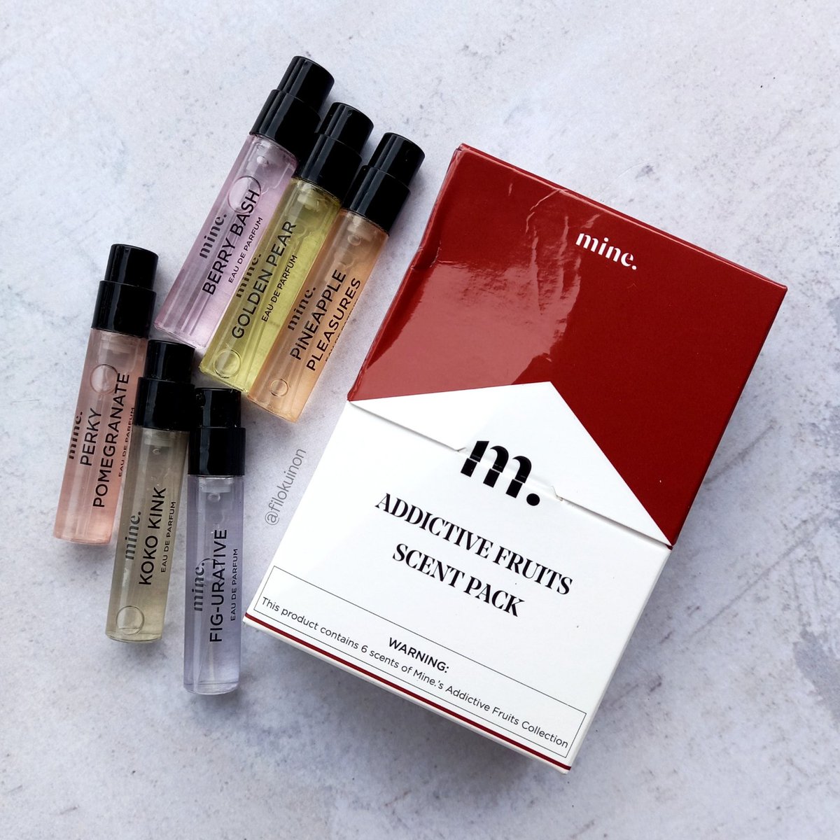 Ada yg suka layering parfum? Fragrance layering tuh bikin aroma kita jadi unik &amp; gak pasaran, sekaligus bisa explore wangi2 baru. Kalo suka wangi fruity, cobain Mine. Addictive Fruits Scent Pack, isi 6 parfum yg kalo dilayer bisa menghasilkan 20 aroma yg enak 💓

#racuninparfum