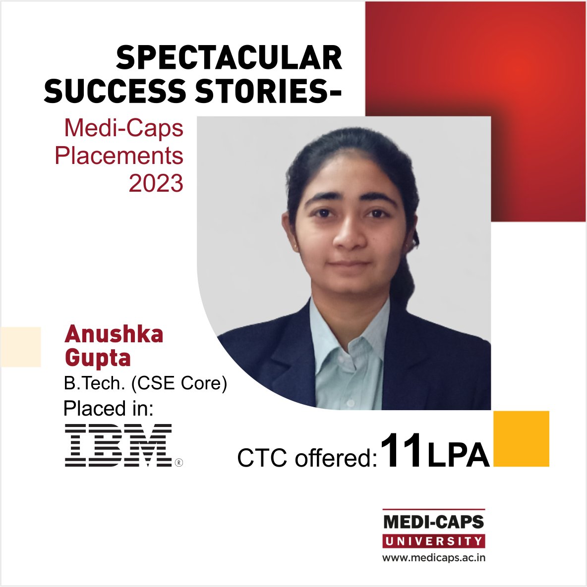 Heartiest congratulations on the stupendous accomplishment. Wishing you more success in the future.
__
#MediCapsUniversity #MediCaps #TopUniversity #BeLimitless #MU #MUPlacements #BTech #Placements #Placements2023 #IBM