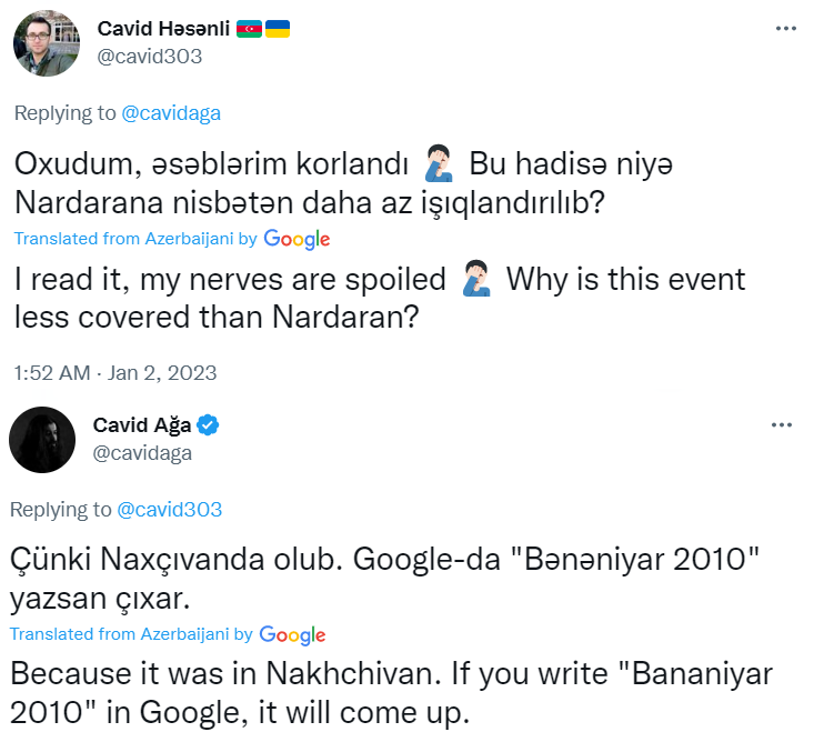 Lily__Ray's tweet photo. Here is what some Azeris think about #ArtsakhBlockade
@ PashayevBehram talks about the corridor closure being a threat not only to🇦🇲ns, but also to🇦🇿is
@ cavidaga jumps & reminds about events of 2010 Aparanner (🇦🇿Bənəniyar)
@ cavid303 reminds about Nardaran
My reminder: #Khojaly https://t.co/KZQJbnqPJv
