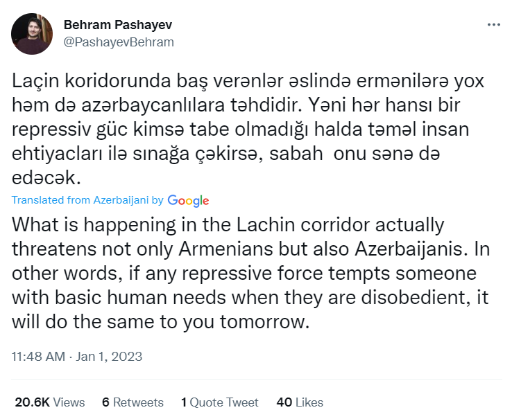 Lily__Ray's tweet photo. Here is what some Azeris think about #ArtsakhBlockade
@ PashayevBehram talks about the corridor closure being a threat not only to🇦🇲ns, but also to🇦🇿is
@ cavidaga jumps & reminds about events of 2010 Aparanner (🇦🇿Bənəniyar)
@ cavid303 reminds about Nardaran
My reminder: #Khojaly https://t.co/KZQJbnqPJv