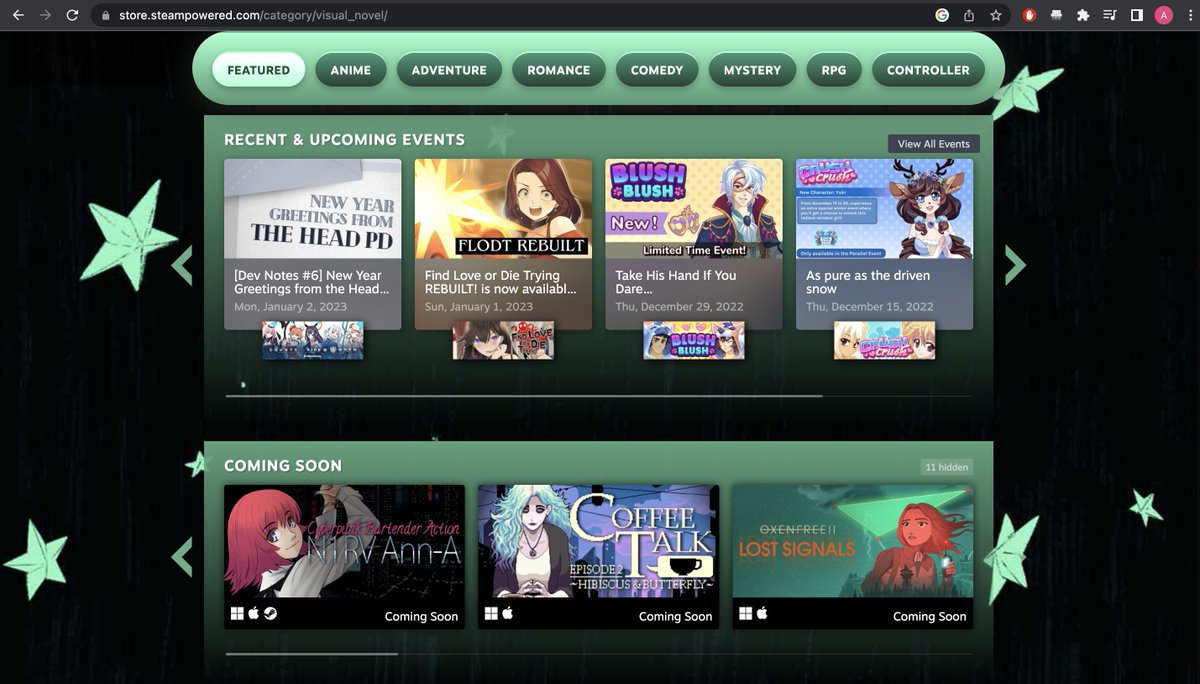 Find Love or Die Trying is on the Steam front page for VNs again! Thanks so much for the support, everyone! 🎉