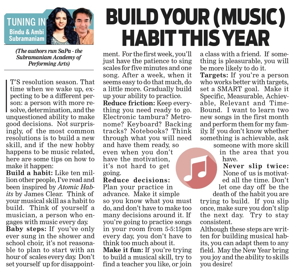 In 2023, one of the most common resolutions is to build a new skill, and if the new hobby happens to be music related, here are some tips on how to make it happen, write <a href="/bindusub/">Bindu Subramaniam</a> and <a href="/AmbiSub/">Ambi Subramaniam</a>

<a href="/santwana99/">santwanabhattacharya</a> <a href="/Cloudnirad/">Nirad Mudur</a> <a href="/NewIndianXpress/">The New Indian Express</a> <a href="/tniefeatures/">TNIE Features</a>

newindianexpress.com/cities/bengalu…