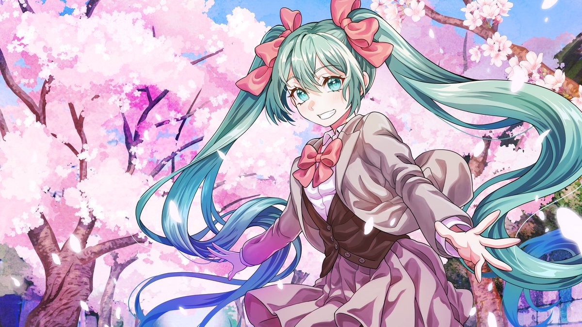 hatsune miku 1girl long hair solo cherry blossoms skirt twintails very long hair  illustration images