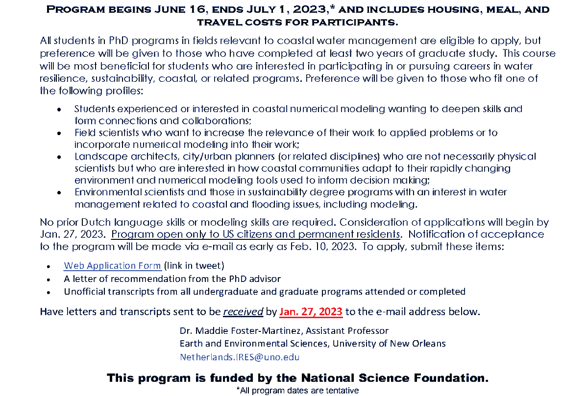 fostinez's tweet image. 📢Calling US PhD students📢Want a fully-funded trip to the Netherlands to learn about coastal water management?? The application is open &amp;amp; due Jan 27! forms.gle/PHoi6DrQnnbX4R…
Check out #IRESNL22 for last year's activities🌊@UofNO @TheH2OInstitute