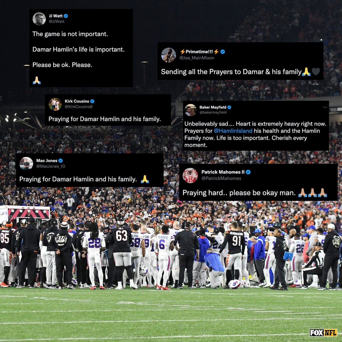 NFLonFOX's tweet image. Players from around the NFL offered their support and prayers to Damar Hamlin tonight.