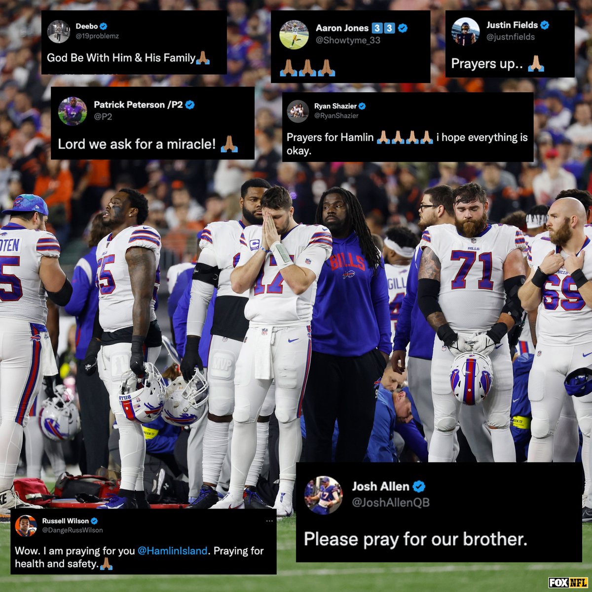 NFLonFOX's tweet image. Players from around the NFL offered their support and prayers to Damar Hamlin tonight.