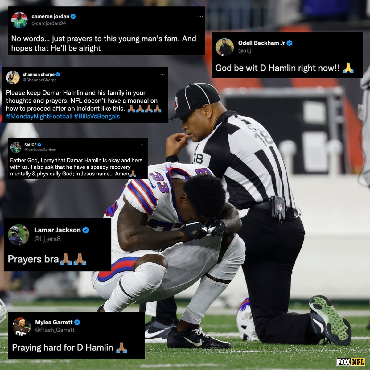 NFLonFOX's tweet image. Players from around the NFL offered their support and prayers to Damar Hamlin tonight.