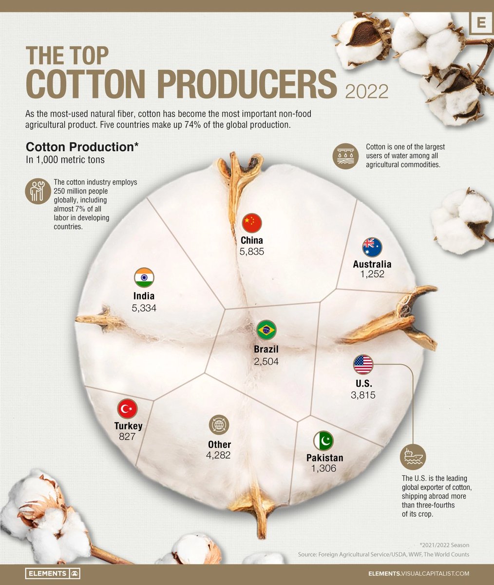 The World’s Top Cotton Producers 🌾

From <a href="/VCElements/">Elements</a>.

elements.visualcapitalist.com/ranked-the-wor…