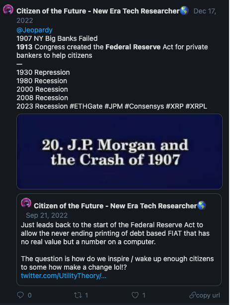 UtilityTheory's tweet photo. Every Global Citizen should be asking..

What happened in 1913? 
Why should we be talking about it in 2023?

It was the year the money system changed and got taken over by private central banking families.

#FederalReserveNotes Devalue purchasing power since creation and #FED1913 https://t.co/6af8b7EHfz