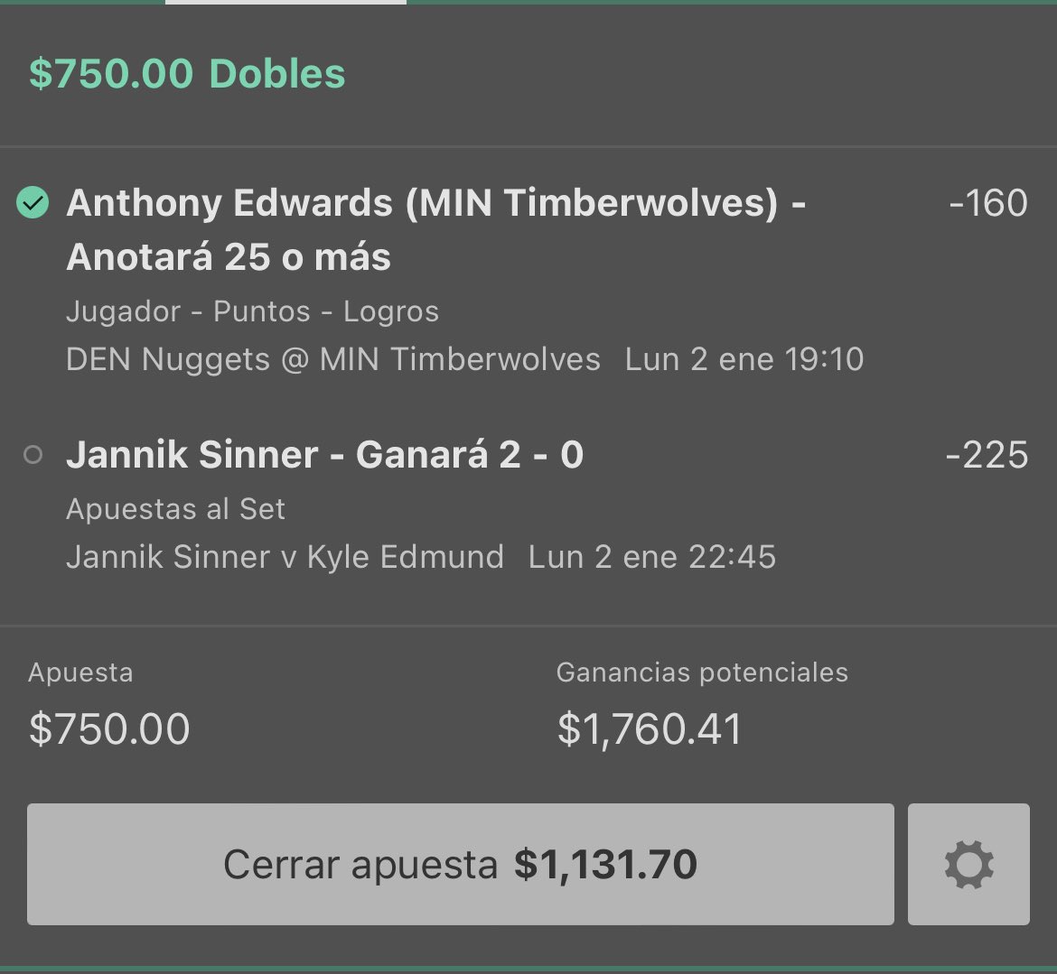 picksverdes1_'s tweet photo. Ya solo me falta el 2-0 de Sinner para ganar todas mis apuestas 💰🤑🔥 

El parlay se los compartí gratis en @tipsterchat 

https://t.co/Ot6DzJEnSk

Si gana 2-0 Sinner haré un sorteo de $500 💴 al terminar el partido. 

Para participar sólo tienes que darle ❤️ y RT 🤙🏼 https://t.co/vL0Q778D7F
