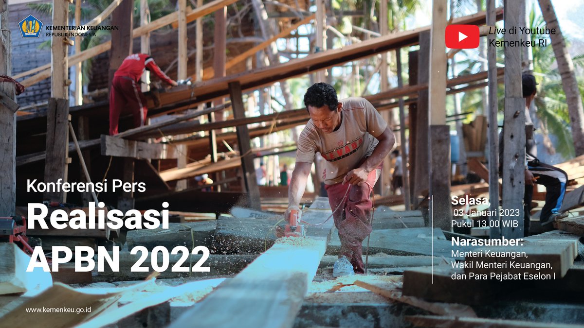 KemenkeuRI's tweet photo. Seperti apa kinerja APBN pada 2022 kemarin?

Supaya enggak salah informasi, lebih baik langsung saksikan Konpers APBN KiTa

🗓️Selasa, 03 Januari 2023
🕣13.30 WIB

📌Live youtube Kemenkeu RI
https://t.co/UYf1Bjpiiv https://t.co/Vtx4wgt3kV