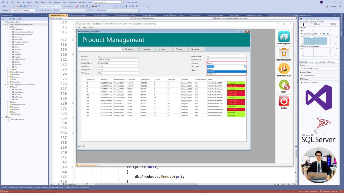 IBasskung's tweet photo. C# with EF Core in .NET 6 : Notification about low stock!
การแจ้งเตือนสต๊อกเหลือน้อย สินค้าหมด สามารถกรอง (filter) ดูได้ทั้ง All items, Low stock, และ Out of stock
https://t.co/e5h4CaQBrQ

#CodeAMinute #iBasskung #Programming #คอร์สออนไลน์ #โปรแกรมขายหน้าร้าน #PointOfSale https://t.co/oX66f48QCz