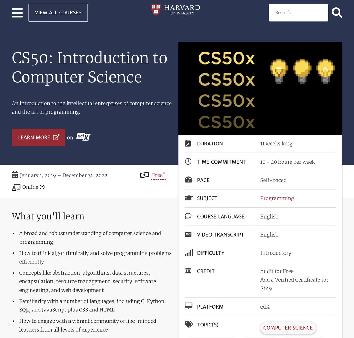 Learn Programming, Computer Science, AI, and more from Harvard ...