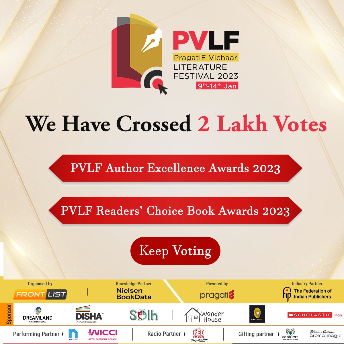 We have reached the milestone of accumulating over 200k votes!

Thank you for your endless support. 

The voting lines are closing after midnight. 

Vote now for your favorite authors & books.

Visit the link to vote: bit.ly/PVLF___2023

#PVLF2023 #VoteNow #MilestoneAchieved