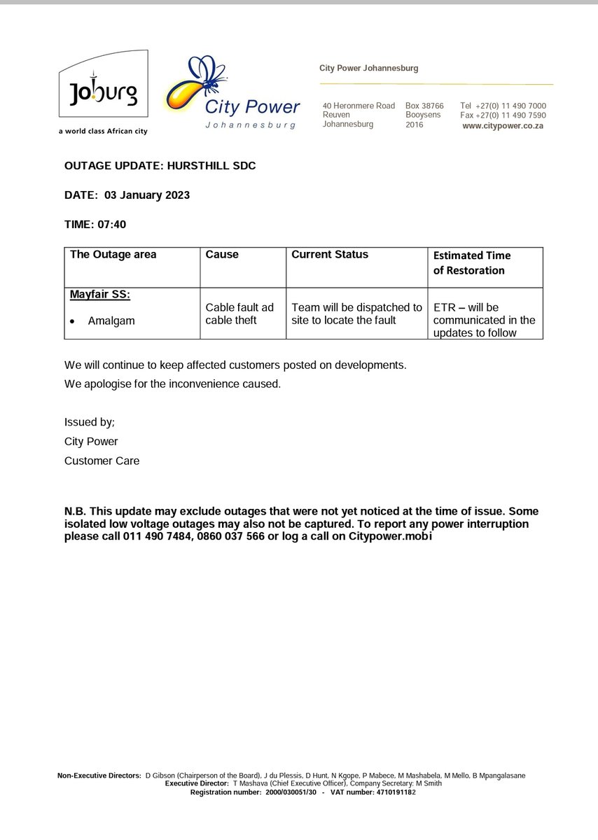 CityPowerJhb's tweet photo. #HursthillUpdates #JoburgUpdates 

Please see attached information for latest updates on #MayfairSub. ^MM https://t.co/0AU9Hlgimb
