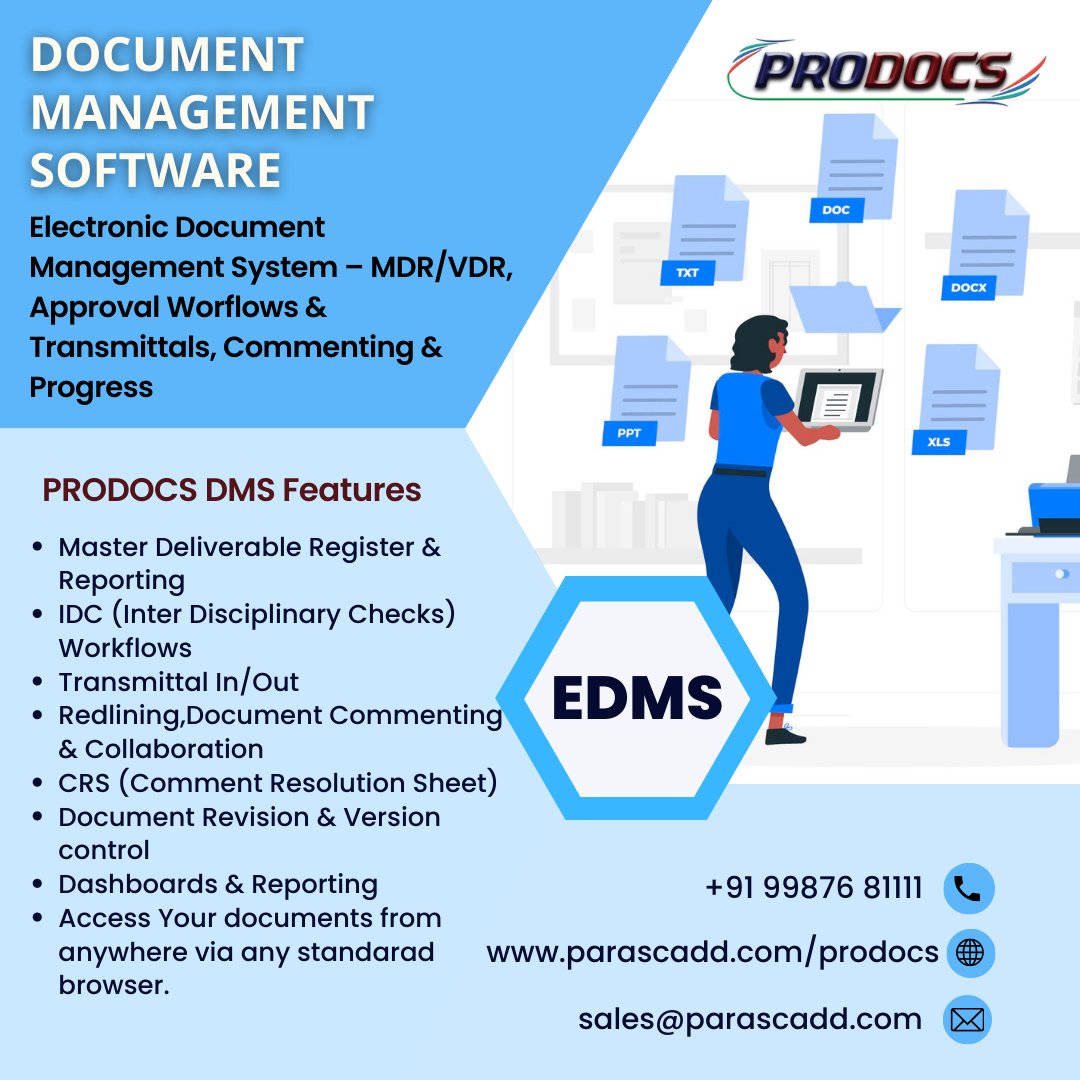 ParascaddPvtLtd's tweet image. #DocumentManagementSoftware
#ElectronicDocumentManagementSystem – MDR/VDR, Approval Worflows & Transmittals, Commenting & Progress.
For More details, visit:
parascadd.com/prodocs/