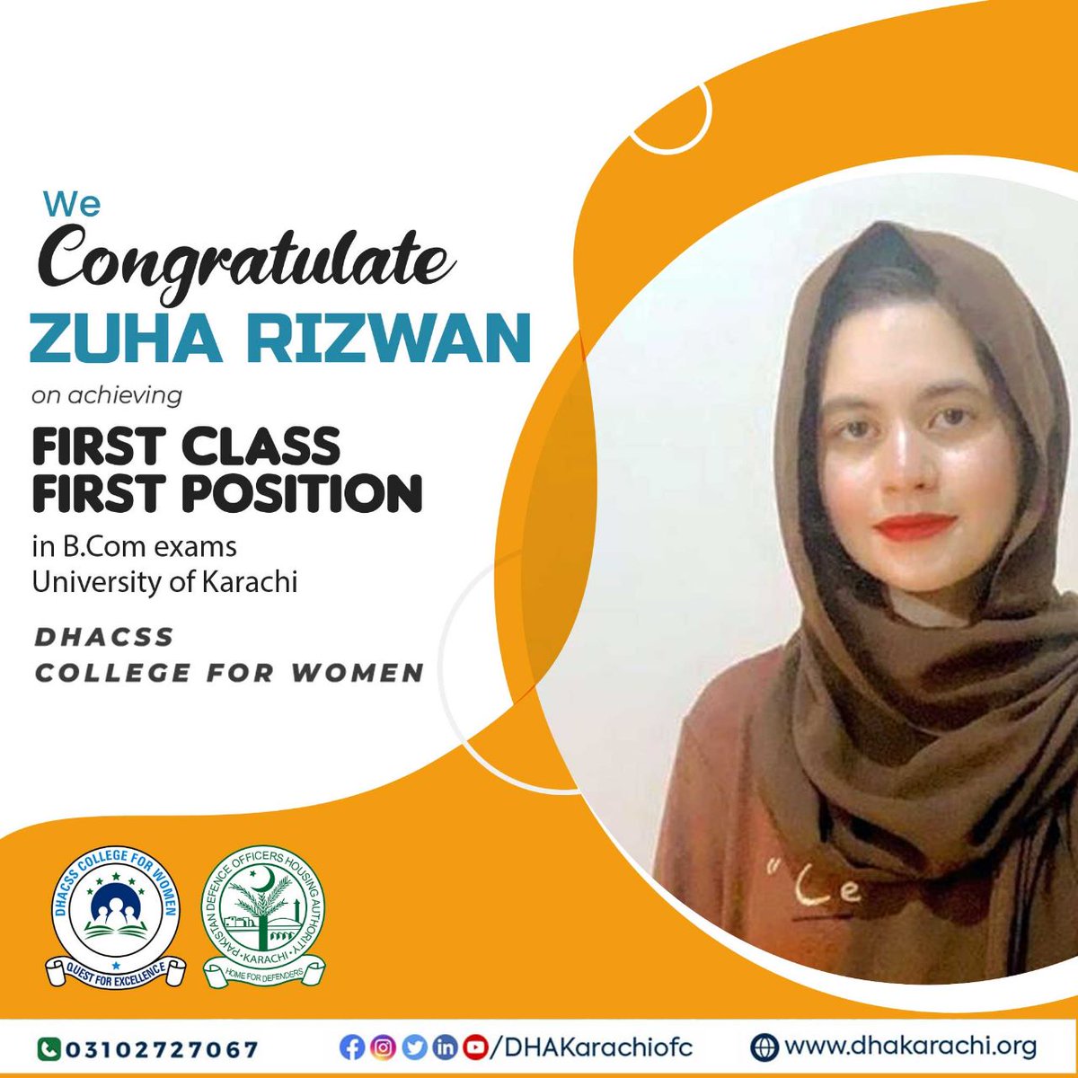 DHAKarachiOfc's tweet photo. 1/2
Keeping up with the tradition, another DCWian scores the top position in University exams. Zuha Rizwan of DHACSS College for Women, Phase VIII DHA Karachi secured the FIRST CLASS FIRST Position in the https://t.co/kj2P4IDoj9 result announced by University of Karachi.
#DHACSS https://t.co/yH2ELYNkdm