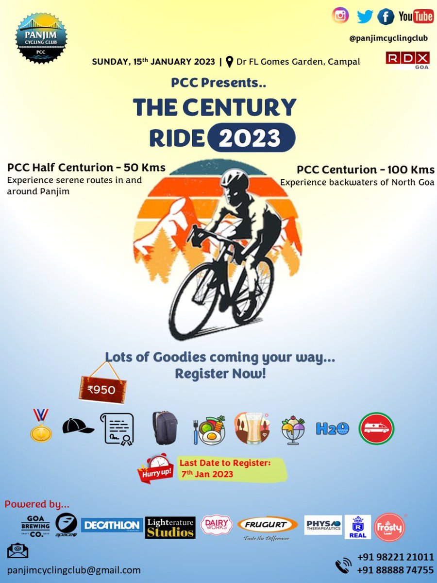 PCC Century Ride; 2 ride categories - 50 &amp; 100 Kms; lots of goodies coming your way from our sponsors! Register now to be part of a the biggest cycling party of 2023! Last date 7th Jan. 

forms.gle/fPSvWvcT68g3Pb…