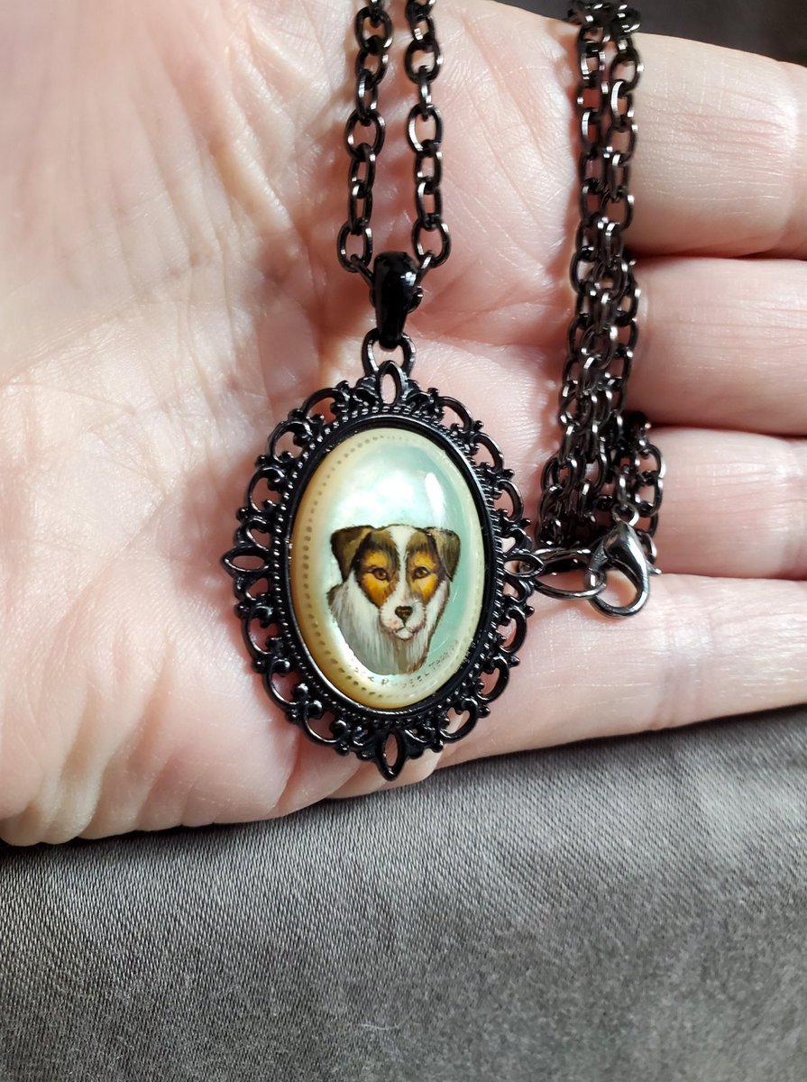 Hand Painted Jack Russell Dog Cameo Pendant Mother Of Pearl Gem 27' Black Chain Necklace Original Art Jewelry Gift Etsy | @sylcameojewels tuppu.net/d33cfea9 #Etsy #starseller #SylCameoJewelsStore #ShopSmall #JackRussellDog