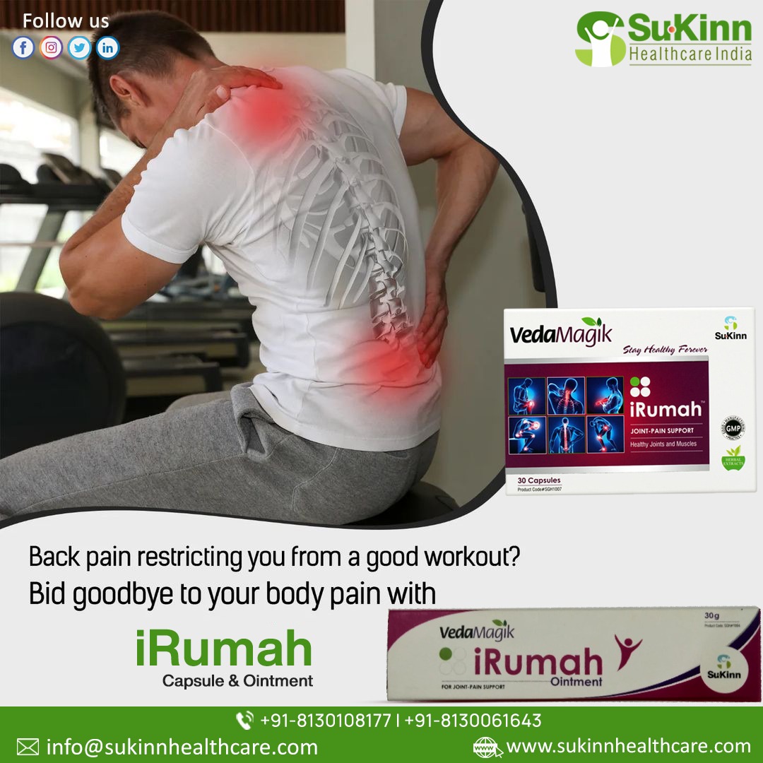 Back pain restricting you from a good workout?
Bid goodbye to your body pain with iRumah Capsule & Ointment.

For more info:
Call us: +91-8130108177 | +91-8130061643
Visit: sukinnhealthcare.com

#backpain #painrelief #Painointment #Pain #paincapsules  #liverproblems #adult