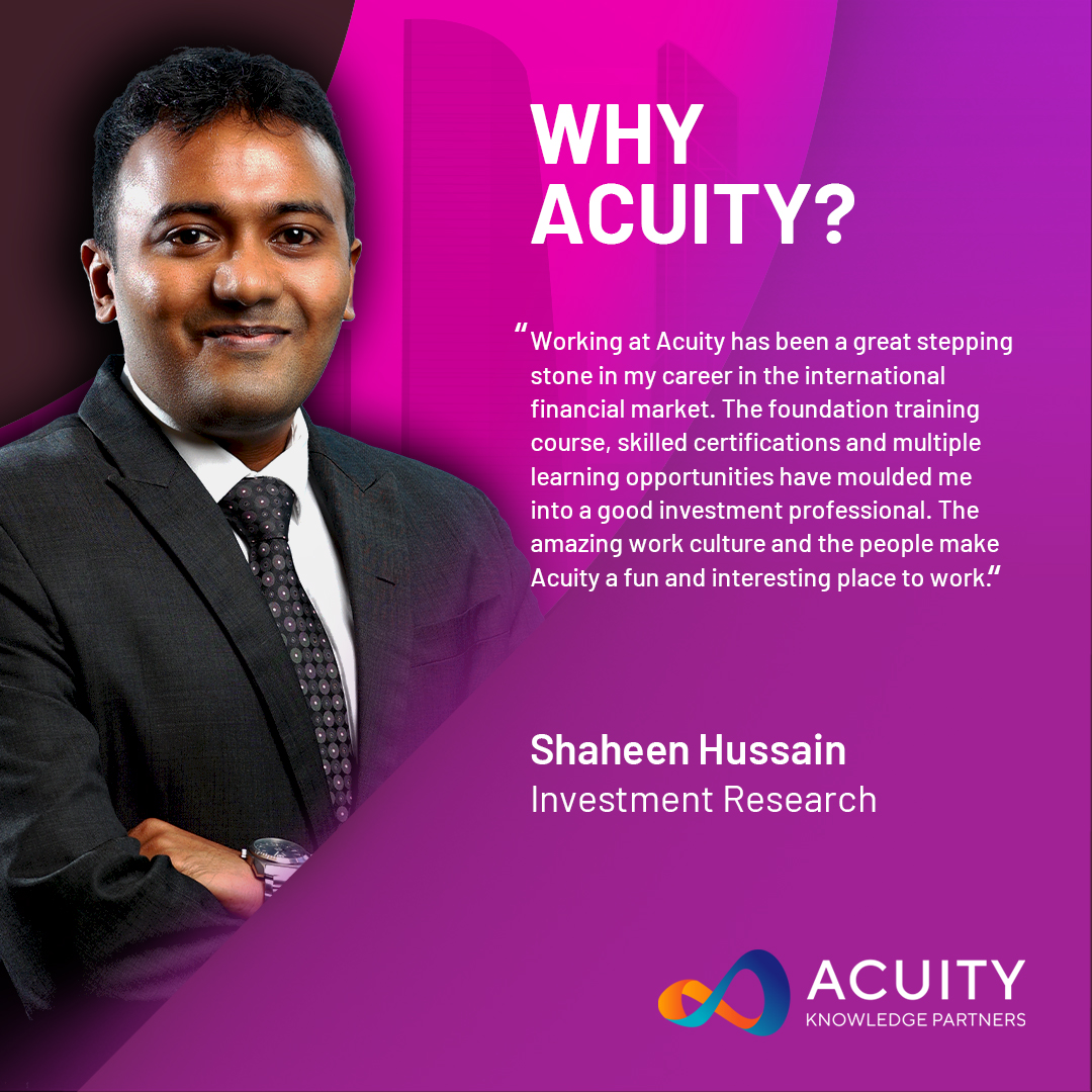 AcuityAnalytic's tweet photo. We achieve our best results when we work together!
Hear from Shaheen Hussain, from our Investment Research team.
.
.
.
#Investmentreserch #employeetestimonial #Research #profilefeature #acuityknowledgepartners #Acuitycareers #whyacuity https://t.co/pmGaOxSoEj