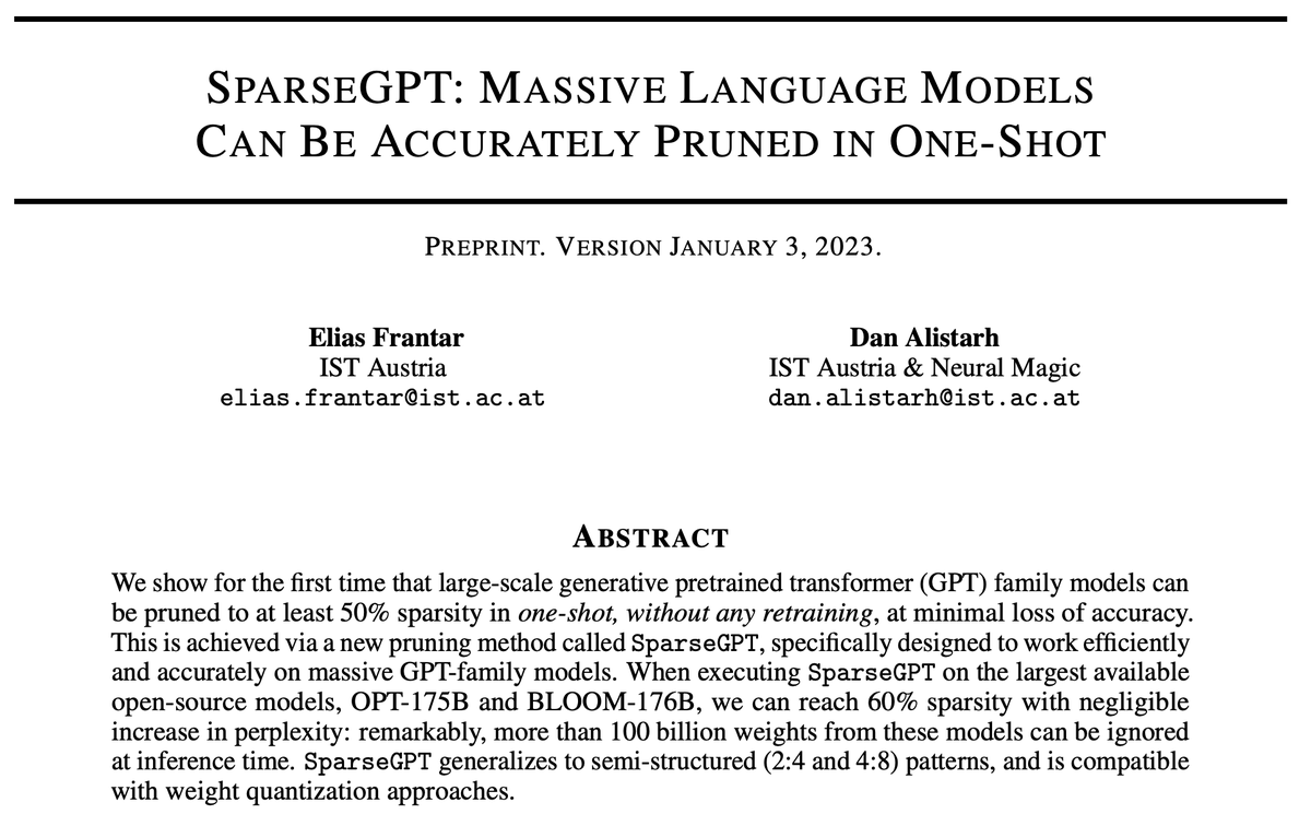 mathemagic1an's tweet image. Can we compress large language models for better perf?
"SparseGPT: Massive Language Models can be Accurately Pruned in One Shot"
Eliminates the need to use/store 50% of weights for a 175B param model with no significant sacrifice in perf
arxiv.org/pdf/2301.00774…
Here's how 👇