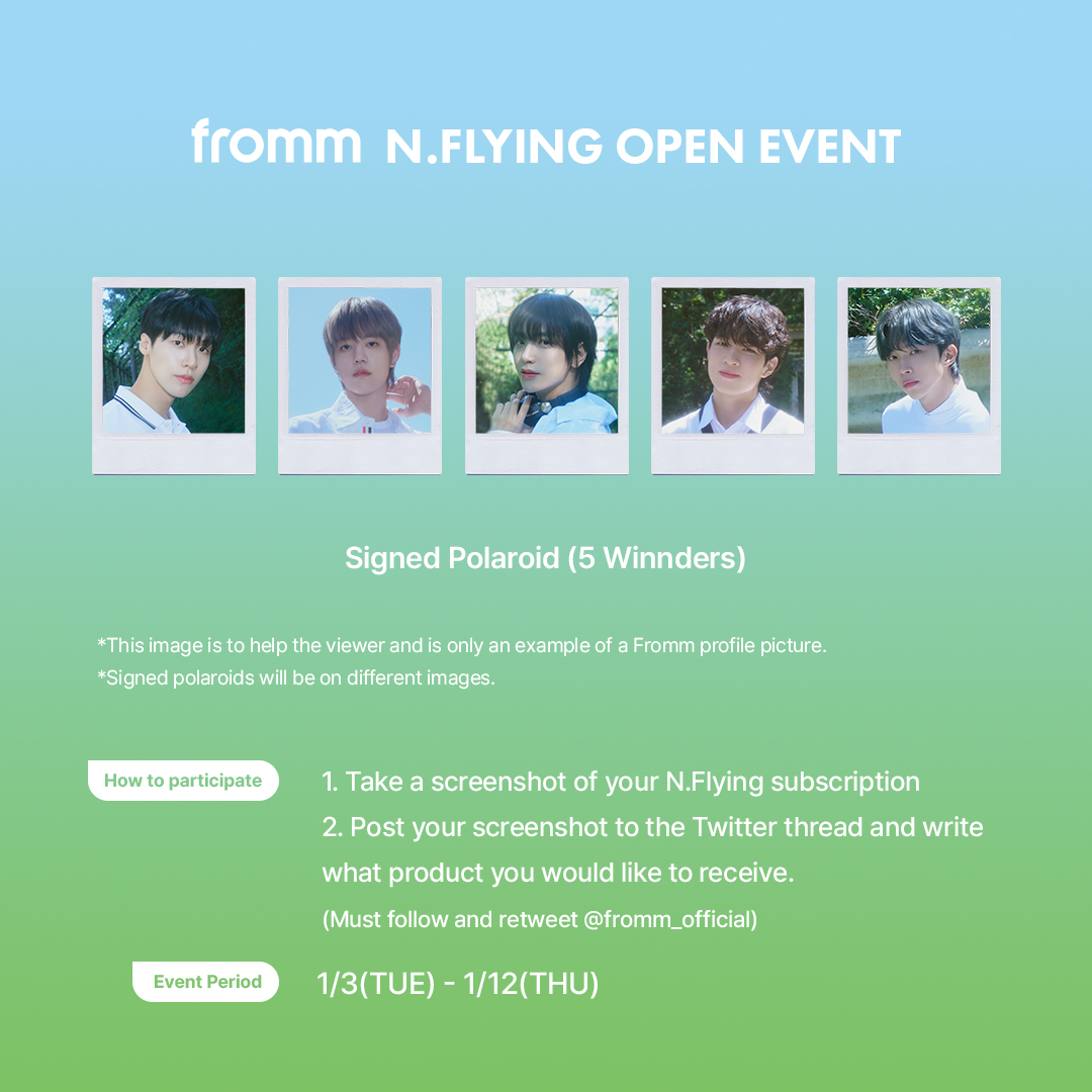 fromm_official's tweet photo. 📌[EVENT] 'fromm N.Flying' OPEN EVENT📌

'fromm N.Flying' Subscribers have a chance at winning an autographed polaroid from the members!
Subscribe to #NFlying on Fromm, take a screenshot, and tag @fromm_official on Twitter.

#프롬 #fromm #엔플라잉 @NFlyingofficial https://t.co/xmSIumyEKN