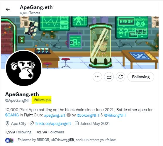 Is ApeFollowApe still a thing?😀

@departedapes 
#ApeFollowApe #NFTCommunity #NFTProject