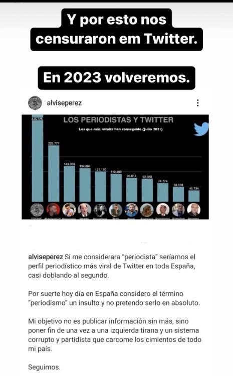 Las noticias de verdad, by #Alvise (#DevolvedLaCuentaAAlvise @Alvisepf).

Por lo que se ve, regresará en 2023, gracias a la amnistía de Elon Musk.