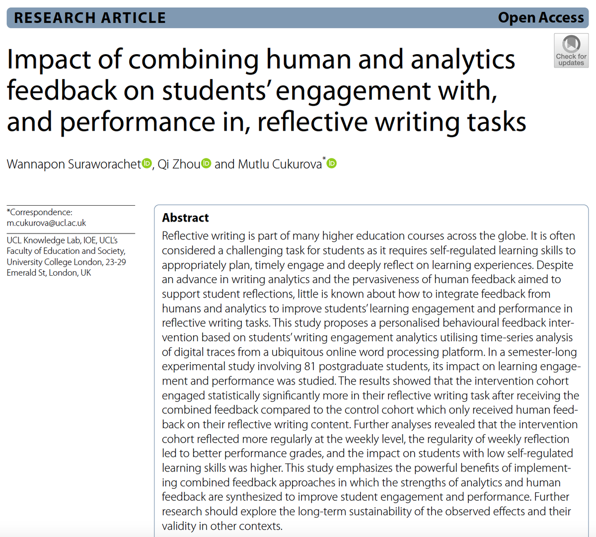 Evaluation of a semester-long #analytics #feedback intervention on student engagement and performance in reflective writing in #highereducation. It worked well in our context, particularly for students with low #SRL <a href="/ETHEjournal/">ETHE Journal</a> <a href="/IOE_London/">UCL Institute of Education</a> <a href="/IoeResearch/">IOE Research</a>