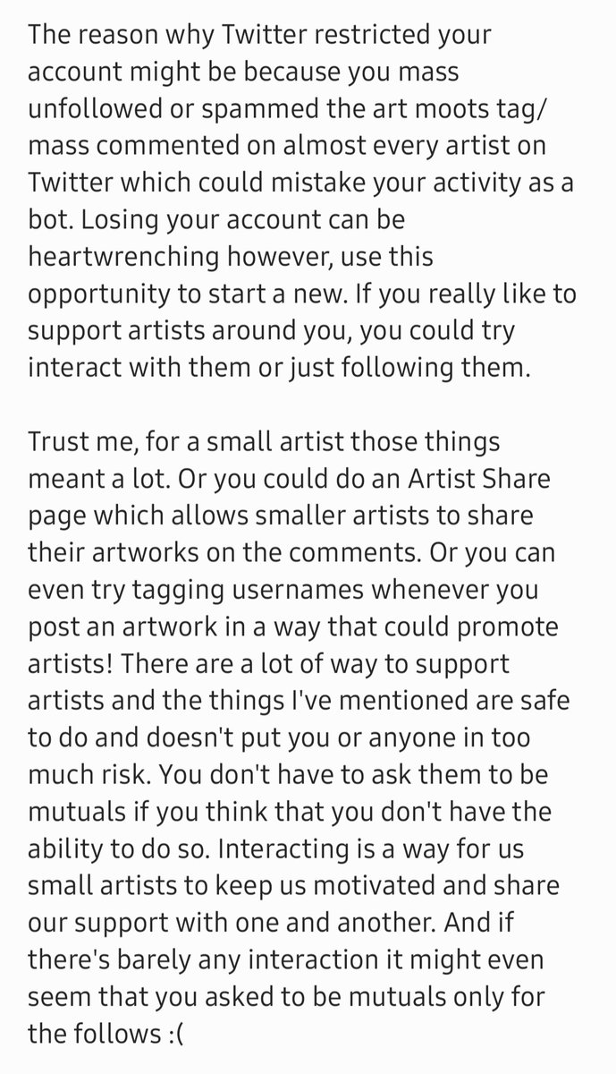 @17mattguyalt @17Mattguy Hey Matt this is just my view on a neutral standpoint, please read it and I hope you feel better soon! If you think that you cannot interact at all with any of the artists, don't push yourself to ask for more moots. You can simply support them without being a mutual Matt ^^