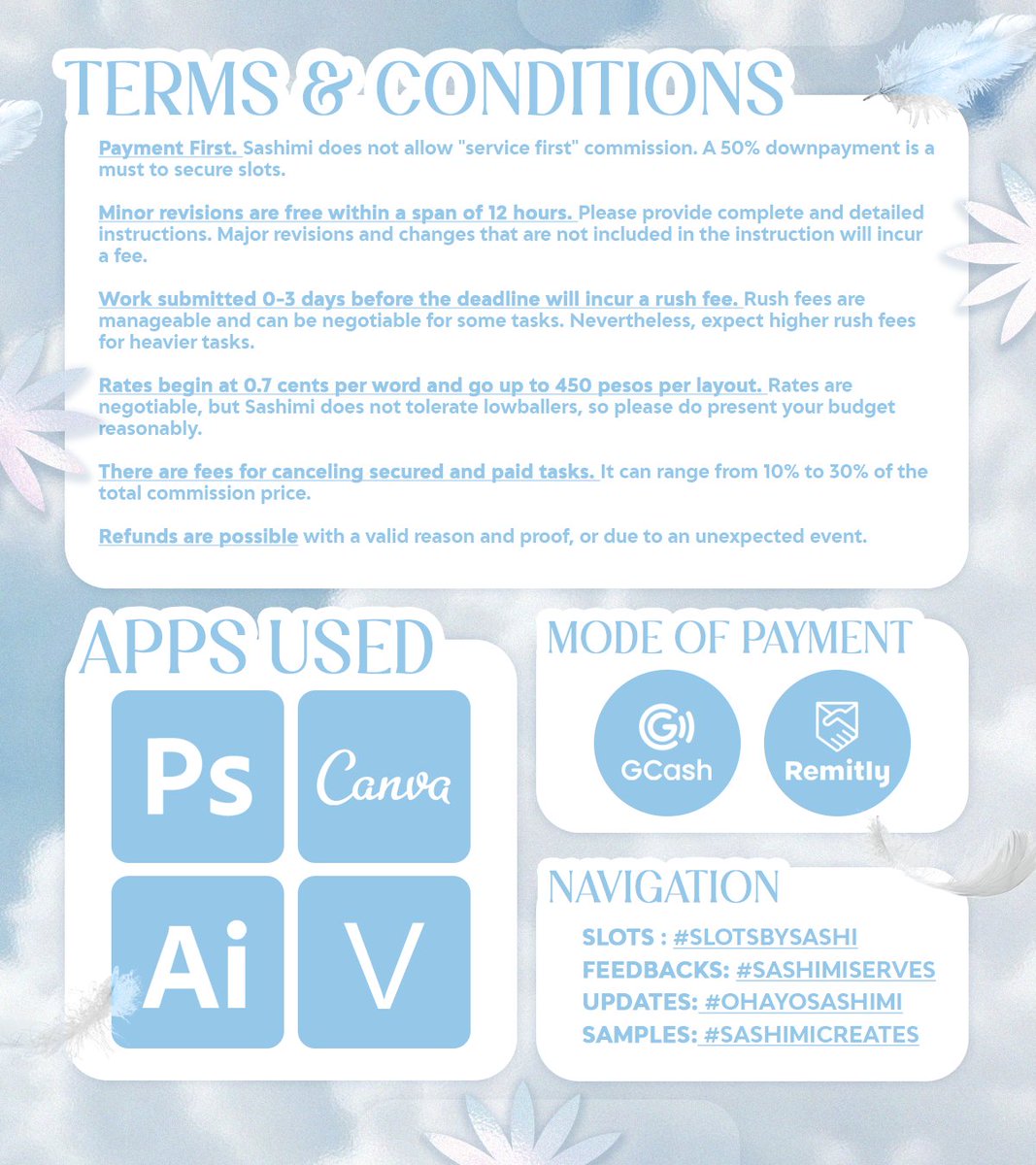 Writing the thoughts of my soul ˏˋ°•*⁀➷

Welcome to Sashimi's space. To know more, kindly refer to the commission sheet attached below. Please take note that TCs will be strictly applied. 

༊ Slots &amp; Updates: #BloomWithSashi
༊ Proofs: #SashimiServes
༊ Samples: #SashimiCreates