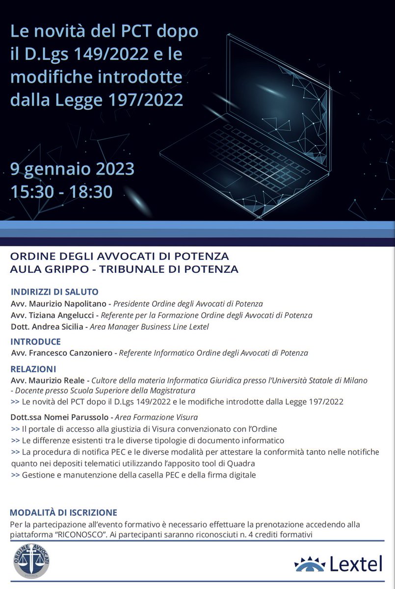 maurizioreale.it/wp-content/upl…
Le novità del PCT dopo il D.Lgs 149/2022 e le modifiche introdotte dalla Legge 197/2022- COA POTENZA 9 GENNAIO 2023-IN PRESENZA. Con Pierluigi Lapolla - Francesco Canzoniero - Gianni Sicilia - noemi parussolo - Andrea Sicilia - Visura SpA - Tinexta Group