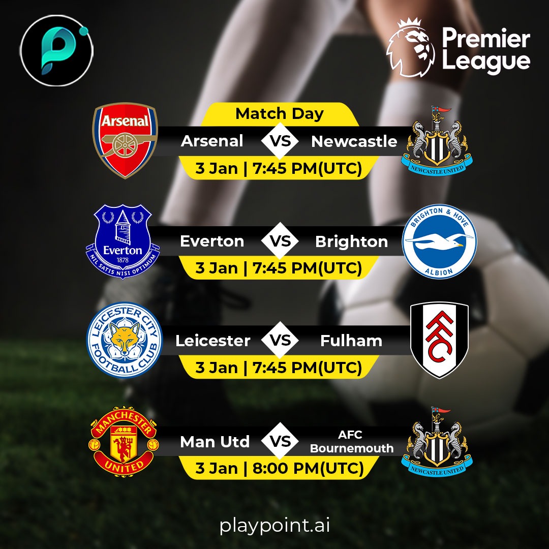 Who will be kicking off today's match? 🍿 

#Arsenal 🆚 #Newcastle
#Everton 🆚 #Brighton
#Leicester🆚#Fulham
#ManUtd 🆚 #AFCBournemouth

Login playpoint.ai &amp; answer the questionnaires.

#Arbitrum #Playpoint #PlayToEarn #blockchain #BTC #Binance #PremierLeague