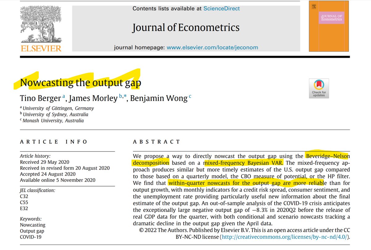 CavaliereGiu's tweet image. Hi #EconTwitter! 

Curious about how to 𝐧𝐨𝐰𝐜𝐚𝐬𝐭 the 𝐨𝐮𝐭𝐩𝐮𝐭 𝐠𝐚𝐩? 

Check out this brand new #macroeconometrics paper in @jeconometrics by @berger_tino, @macromorley (@USydneyEcon) and Wong, who show how to update nowcasts as higher-frequency data become available!