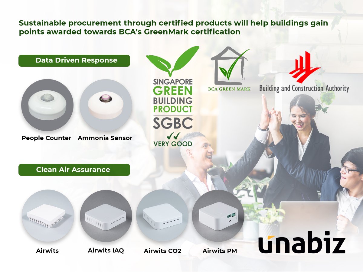 UnaBizIoT's tweet photo. 𝗪𝗲’𝗿𝗲 𝘀𝘁𝗮𝗿𝘁𝗶𝗻𝗴 𝘁𝗵𝗲 𝘆𝗲𝗮𝗿 𝗚𝗥𝗘𝗘𝗡 with @connected_fin & Precept Wireless! 6 Sensors used in Indoor Air Quality #IAQ 🌬& #SmartWashroom Management 🚽🚻 have received Very Good (2-ticks rating) ✅✅ from the Singapore Green Building Council! #GreenMark #BCA https://t.co/ZHtmmkJQEv