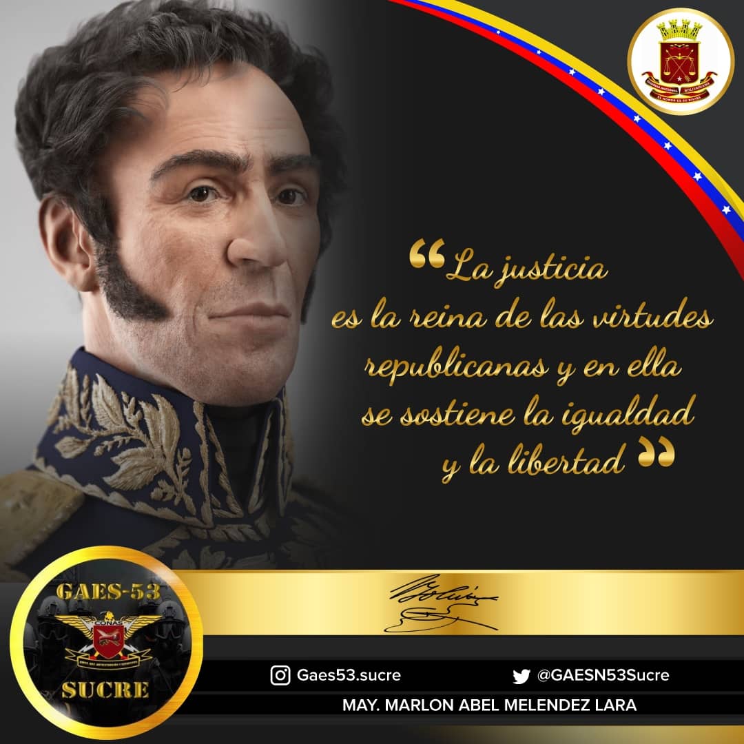 ZULIAGAESCONAS's tweet photo. #3Ene || Buenos días Venezuela 🔆
Pensamiento de nuestro Libertador:

🔹️La justicia es la reina de las virtudes republicanas y en ella se sostiene la igualdad y la Libertad. 
"Simón Bolívar" ¡Padre de la Patria Grande!

#PazYConvivencia
@GnbGaranteDePaz https://t.co/iRBwKMzSHs