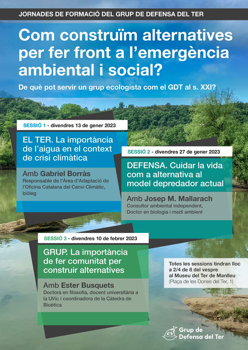 Com construïm alternatives per fer front a l'emergència ambiental i social?
👉 Jornades de formació del Grup de Defensa del Ter amb Gabriel Borràs <a href="/ColauRos/">Gabriel Borràs</a>, Josep M. Mallarch <a href="/jm_mallarach/">Josep Maria Mallarach</a> i Ester Busquets.
📆 Dv 13 gener, 27 gener i 10 febrer
🕢 19.30h al <a href="/museudelter/">Museu del Ter</a> #Manlleu