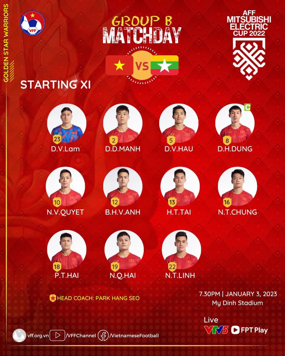 VNSportsnews's tweet photo. AFF Cup 2022
Line Up
#Vietnam 🇻🇳 VS 🇲🇲 #Myanmar
#AFFMitsubishiElectricCup2022
#VieMya https://t.co/20vBPj5Uvi