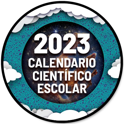 En la imagen se ve el nuevo logo del calendario científico escolar 2023 en el que salen este texto en letras blancas sobre una foto de una galaxia, tomada con el telescopio James Webb. El logo está rodeado de un fondo color aguamarina con pequeños dibujos azules y unas nubes blancas encuadrando todo.
