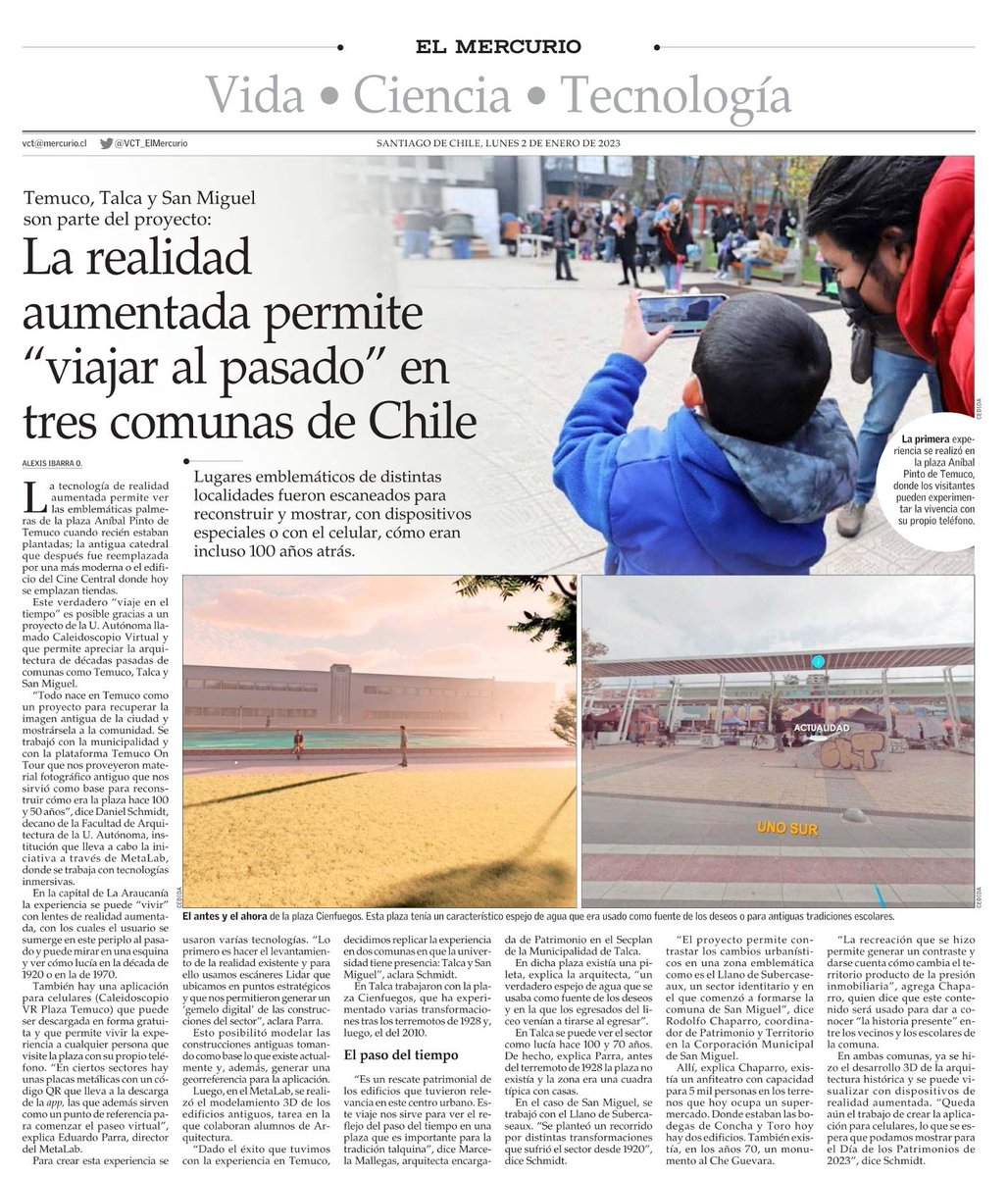 📲La realidad aumentada permite “viajar al pasado” en 3 comunas de #Chile: Lugares emblemáticos que fueron escaneados para reconstruir y mostrar, con dispositivos especiales o con el celular, cómo eran incluso 100 años atrás. Nota en <a href="/VCT_ElMercurio/">VCT El Mercurio</a> @ElMercurio_cl