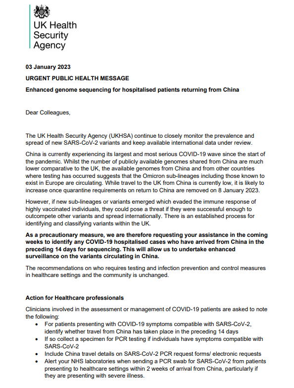 ShaunLintern's tweet image. .@UKHSA appeal to identify UK Covid cases linked to travel from China for genetic testing to check for any new and potentially risky variants: