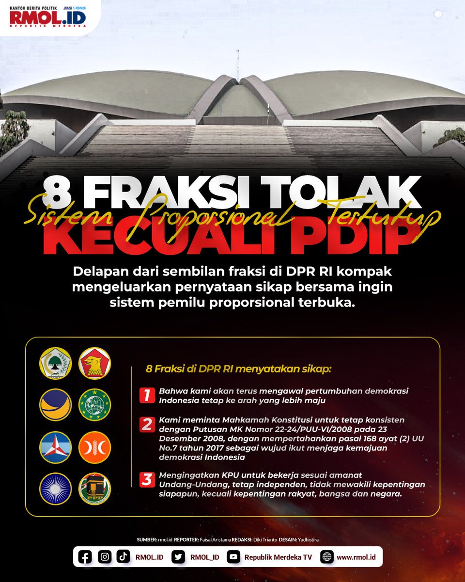 rmol_id's tweet photo. Delapan dari sembilan fraksi di DPR RI kompak mengeluarkan pernyataan sikap bersama ingin sistem pemilu proporsional terbuka. https://t.co/MrJxeBbqrf