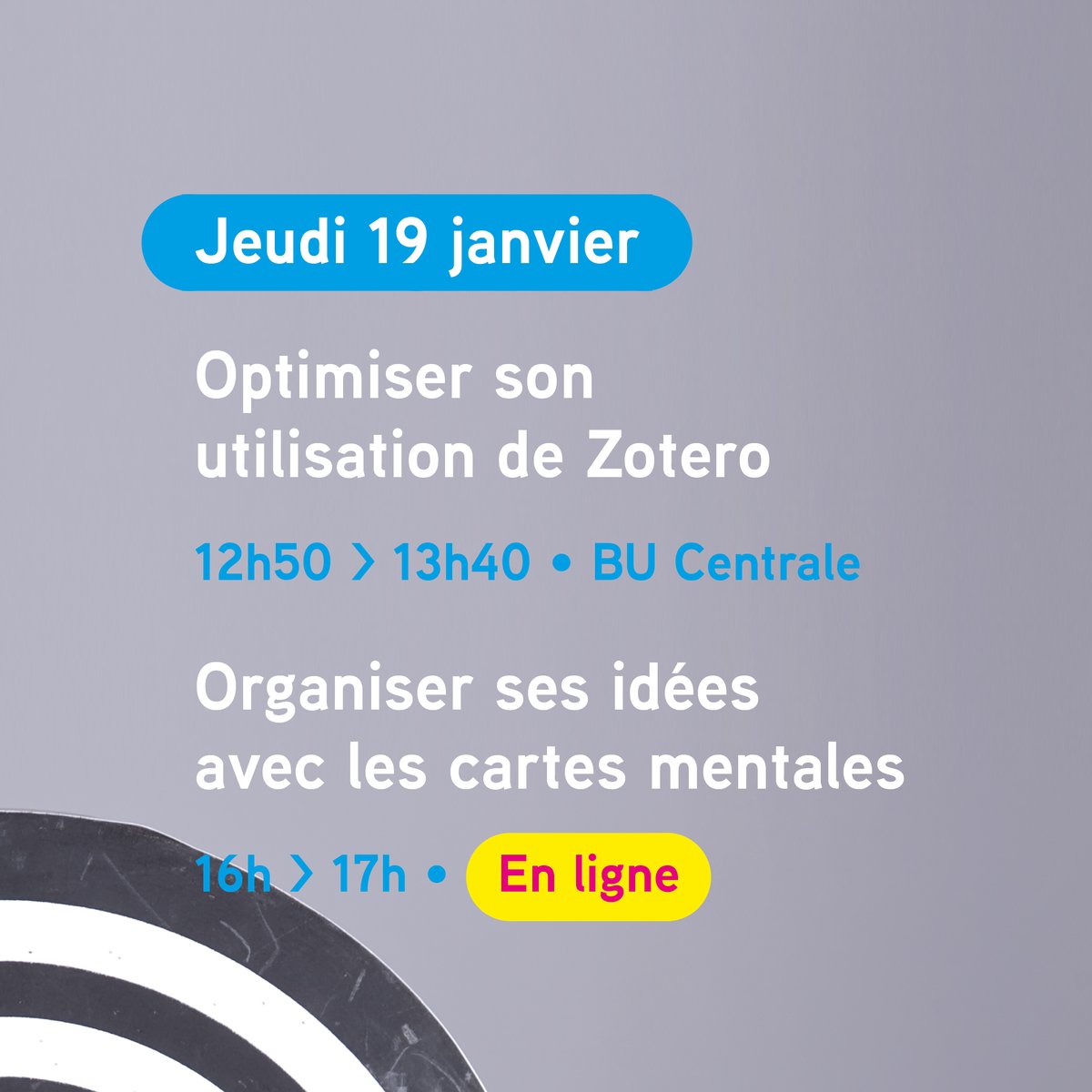 BURennes2's tweet photo. C’est le retour des ateliers #Formatcourt de la BU en 2023 ! 🎯 Jeudi 19 janvier :
🤖 Optimiser son utilisation de Zotero ➡️12h50 > 13h40 • BU Centrale 📍
🤯 Organiser ses idées avec les cartes mentales ➡️16h00 > 17h00 • En ligne 👩💻
✅ https://t.co/IpJ5m3feVT https://t.co/pA9Lpvo2Sg